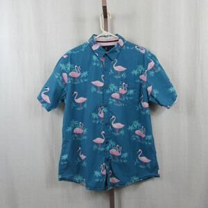 Rugby University XL Blue and Pink Flamingo Cotton Button Up Short Sleeve Shirt